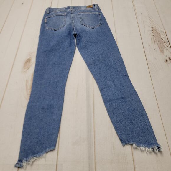 Paige Hoxton crop jeans ankle angle asymmetrical hem mid rise - Picture 9 of 11